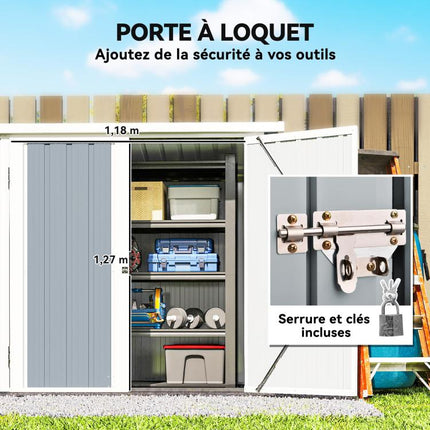 Garden Shed 1.09 square meter – 2 Lockable Doors – 147 x 86 x 134 cm – Sheet Steel – Light Grey/White