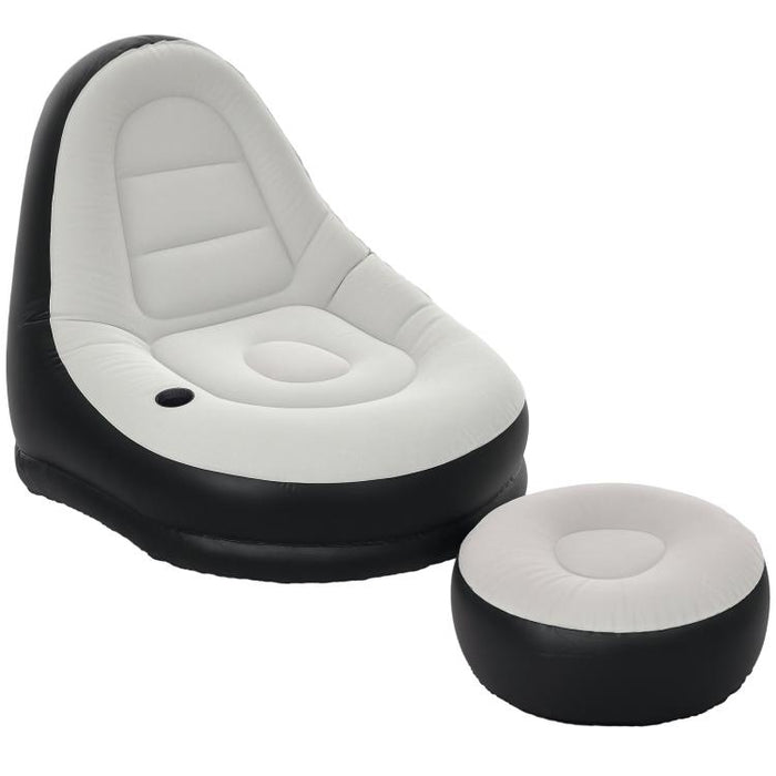Canapé gonflable et repose-pieds, tissu aspect peluche doux et porte-gobelet, gris