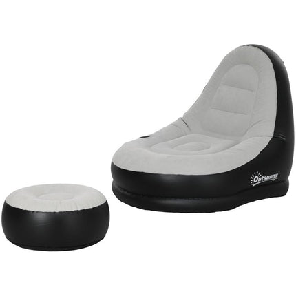 Canapé gonflable et repose-pieds, tissu aspect peluche doux et porte-gobelet, gris