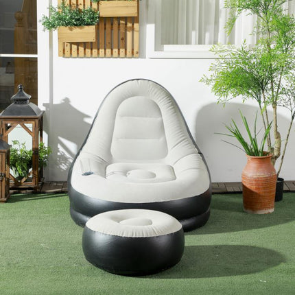 Canapé gonflable et repose-pieds, tissu aspect peluche doux et porte-gobelet, gris