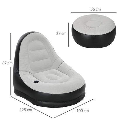 Canapé gonflable et repose-pieds, tissu aspect peluche doux et porte-gobelet, gris