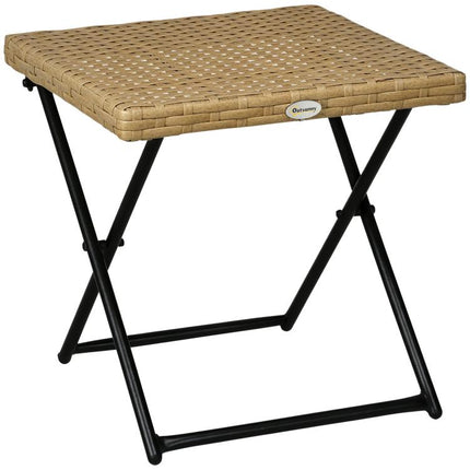 Cozy-chic style foldable garden side table (40L x 40W x 40H cm) – epoxy-coated metal, woven resin, and natural wood.