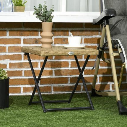 Cozy-chic style foldable garden side table (40L x 40W x 40H cm) – epoxy-coated metal, woven resin, and natural wood.