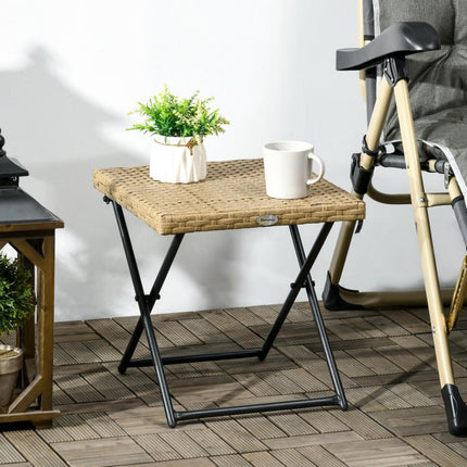 Cozy-chic style foldable garden side table (40L x 40W x 40H cm) – epoxy-coated metal, woven resin, and natural wood.