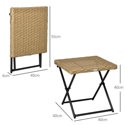 Cozy-chic style foldable garden side table (40L x 40W x 40H cm) – epoxy-coated metal, woven resin, and natural wood.