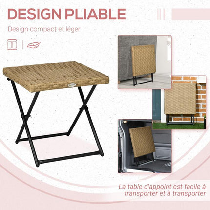 Cozy-chic style foldable garden side table (40L x 40W x 40H cm) – epoxy-coated metal, woven resin, and natural wood.
