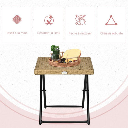 Cozy-chic style foldable garden side table (40L x 40W x 40H cm) – epoxy-coated metal, woven resin, and natural wood.