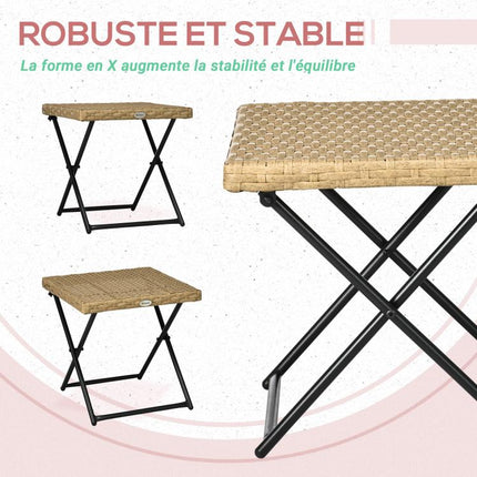 Cozy-chic style foldable garden side table (40L x 40W x 40H cm) – epoxy-coated metal, woven resin, and natural wood.