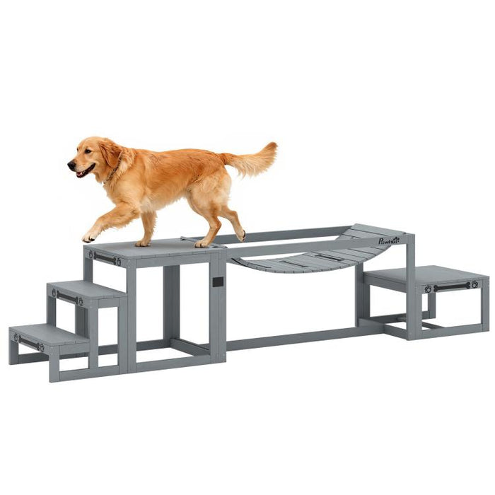 Hunde Agility Set 3-teiliges Set Agility-Ausrüstung mit Brücke, Treppe, Plattform, Tannenholz, 117 x 50 x 56 cm, Grau