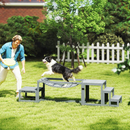 Hunde Agility Set 3-teiliges Set Agility-Ausrüstung mit Brücke, Treppe, Plattform, Tannenholz, 117 x 50 x 56 cm, Grau