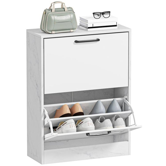 Zapatero Estrecho 2 Puertas de Alto Brillo Estantes Ajustables Dise?o Mármol para 8 Pares de Zapatos 60x24x80 cm Blanco