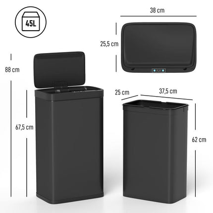Cubo de Basura Cocina Automático 45 L con Sensor Infrarrojo Cierre Suave y Cubo Interior Extraíble Antihuellas Negro