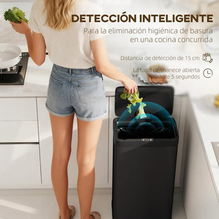 Cubo de Basura Cocina Automático 45 L con Sensor Infrarrojo Cierre Suave y Cubo Interior Extraíble Antihuellas Negro