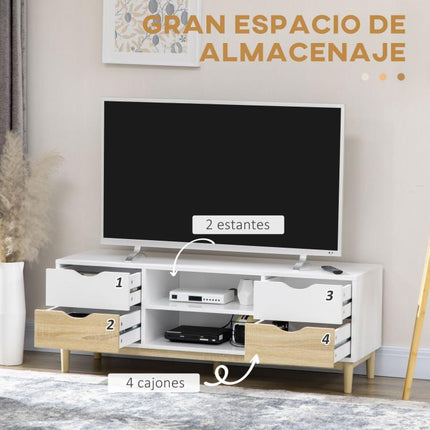 Mueble TV de Salón Mesa para Televisores de hasta 55" con Estantes y 4 Cajones 120x40x44,5 cm Blanco y Roble