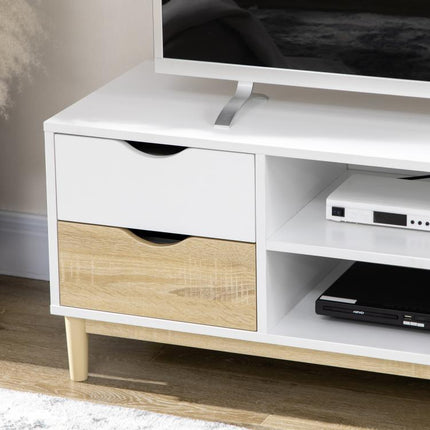 Mueble TV de Salón Mesa para Televisores de hasta 55" con Estantes y 4 Cajones 120x40x44,5 cm Blanco y Roble