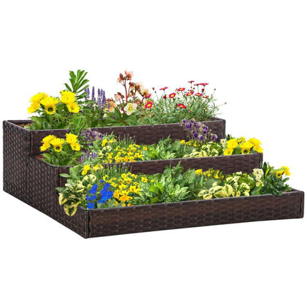 3-Tier Bottomless Synthetic Rattan Raised Garden Bed for Plants and Vegetables, 120x120x40cm, Grey