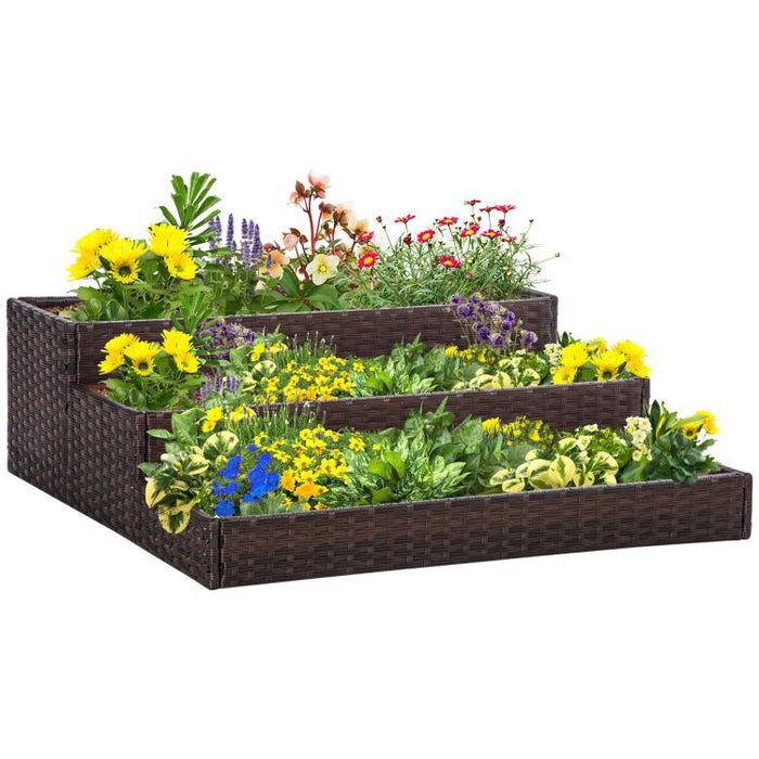 3-Tier Bottomless Synthetic Rattan Raised Garden Bed for Plants and Vegetables, 120x120x40cm, Grey