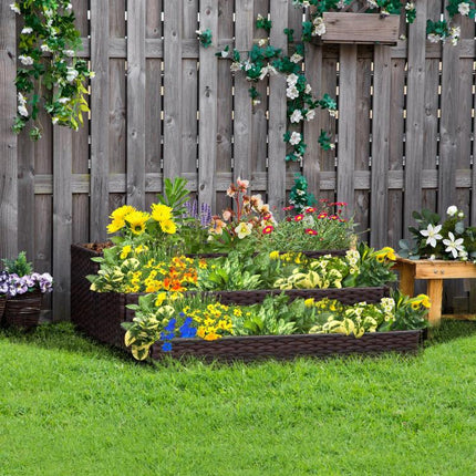 3-Tier Bottomless Synthetic Rattan Raised Garden Bed for Plants and Vegetables, 120x120x40cm, Grey