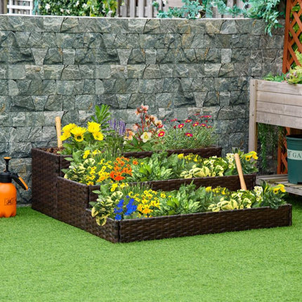 3-Tier Bottomless Synthetic Rattan Raised Garden Bed for Plants and Vegetables, 120x120x40cm, Grey