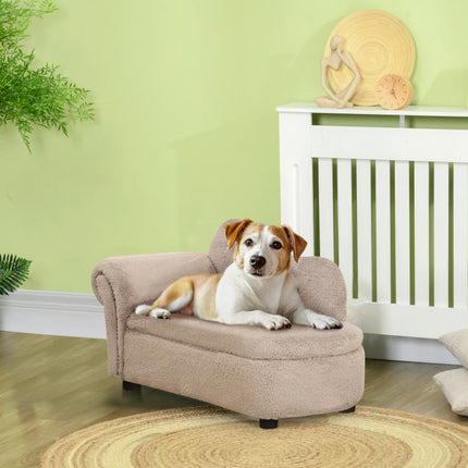Elevated Dog Sofa with Hidden Storage, Padded Wooden Sofa with Velvet-Touch Fabric, 80x40x46 cm, Beige