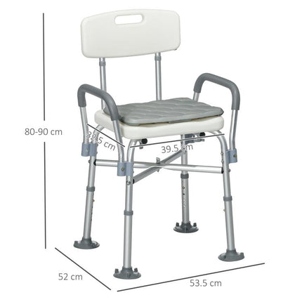 Height-Adjustable Shower Chair with Armrests and Removable Cushion 53.5x52x80-90 cm, White
