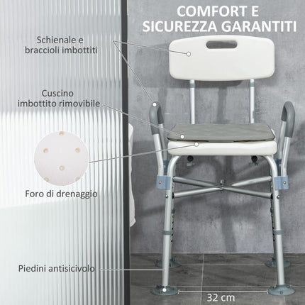 Height-Adjustable Shower Chair with Armrests and Removable Cushion 53.5x52x80-90 cm, White