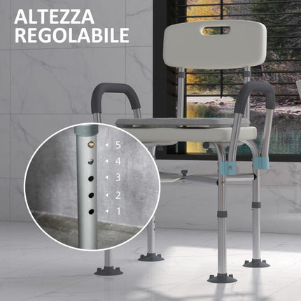 Height-Adjustable Shower Chair with Armrests and Removable Cushion 53.5x52x80-90 cm, White
