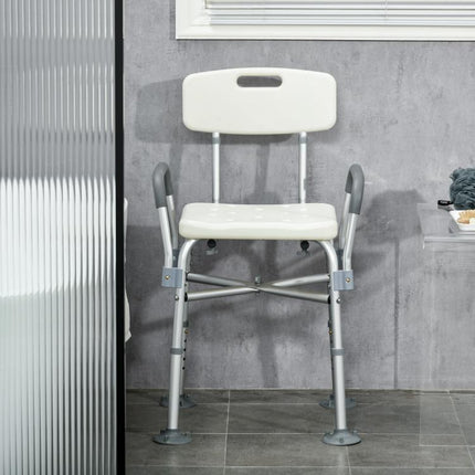Height-Adjustable Shower Chair with Armrests and Removable Cushion 53.5x52x80-90 cm, White