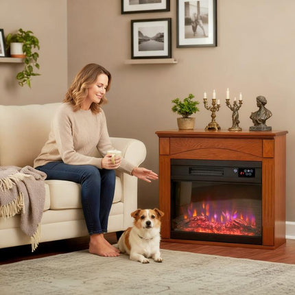 1000W/2000W electric fireplace, faux fireplace with 3D flame effect (6 colors and 3 brightness levels), 68.5 x 27.5 x 63 cm, brown