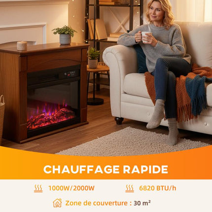 1000W/2000W electric fireplace, faux fireplace with 3D flame effect (6 colors and 3 brightness levels), 68.5 x 27.5 x 63 cm, brown