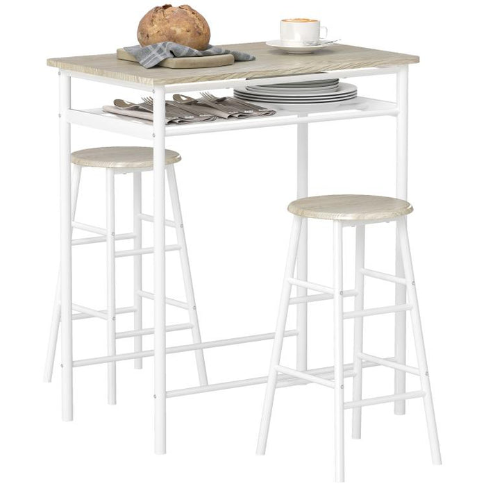 Ensemble table de bar avec tabourets, table à manger debout avec 2 chaises, étagère et pieds en métal, 80x50x90cm, blanc