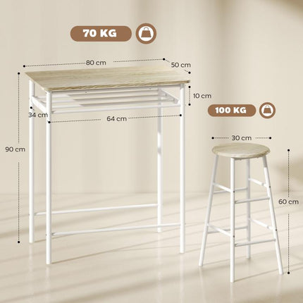Ensemble table de bar avec tabourets, table à manger debout avec 2 chaises, étagère et pieds en métal, 80x50x90cm, blanc