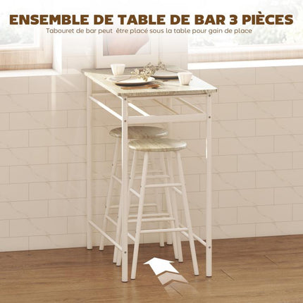 Ensemble table de bar avec tabourets, table à manger debout avec 2 chaises, étagère et pieds en métal, 80x50x90cm, blanc