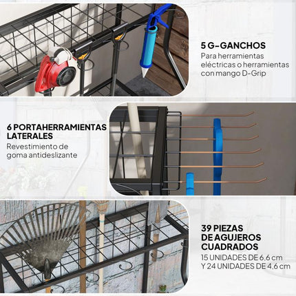 Organizador de Herramientas de Jardín Estantería de Almacenamiento de 3 Niveles para Garaje con Ganchos
