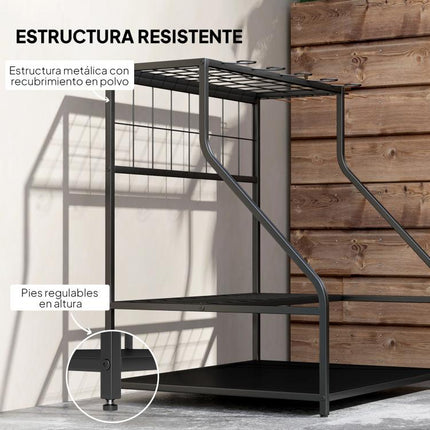 Organizador de Herramientas de Jardín Estantería de Almacenamiento de 3 Niveles para Garaje con Ganchos