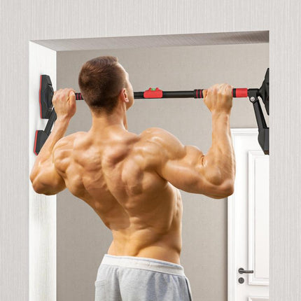 Adjustable pull-up bar (80–110 cm), doorway bar with built-in level, triangular structure, supports up to 225 kg, black