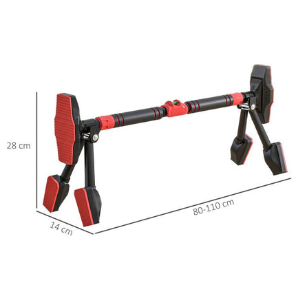 Adjustable pull-up bar (80–110 cm), doorway bar with built-in level, triangular structure, supports up to 225 kg, black