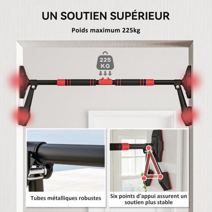 Adjustable pull-up bar (80–110 cm), doorway bar with built-in level, triangular structure, supports up to 225 kg, black