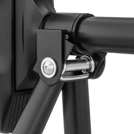 Adjustable pull-up bar (80–110 cm), doorway bar with built-in level, triangular structure, supports up to 225 kg, black