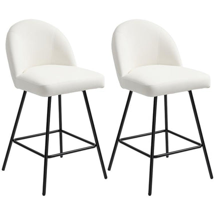 Set of 2 Bar Stools with Velvet Backrests and Steel Footrests, Cream White