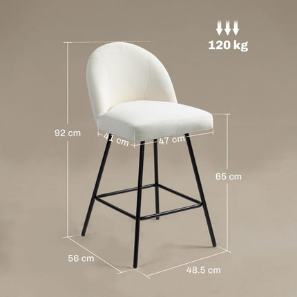Set of 2 Bar Stools with Velvet Backrests and Steel Footrests, Cream White