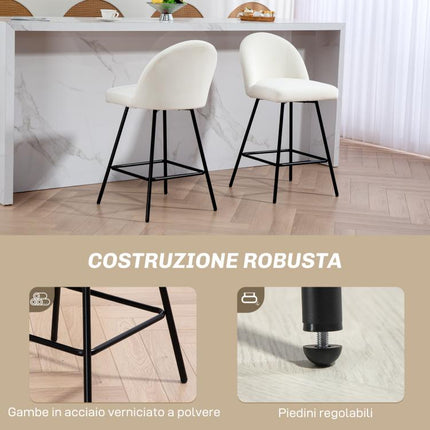 Set of 2 Bar Stools with Velvet Backrests and Steel Footrests, Cream White