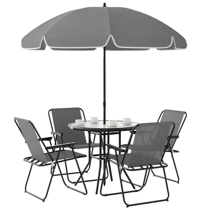 6-Piece Steel Garden Set with 4 Folding Chairs, Parasol, and Round Table – Grey and Black