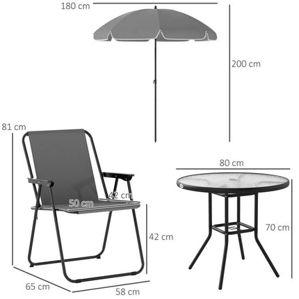6-Piece Steel Garden Set with 4 Folding Chairs, Parasol, and Round Table – Grey and Black