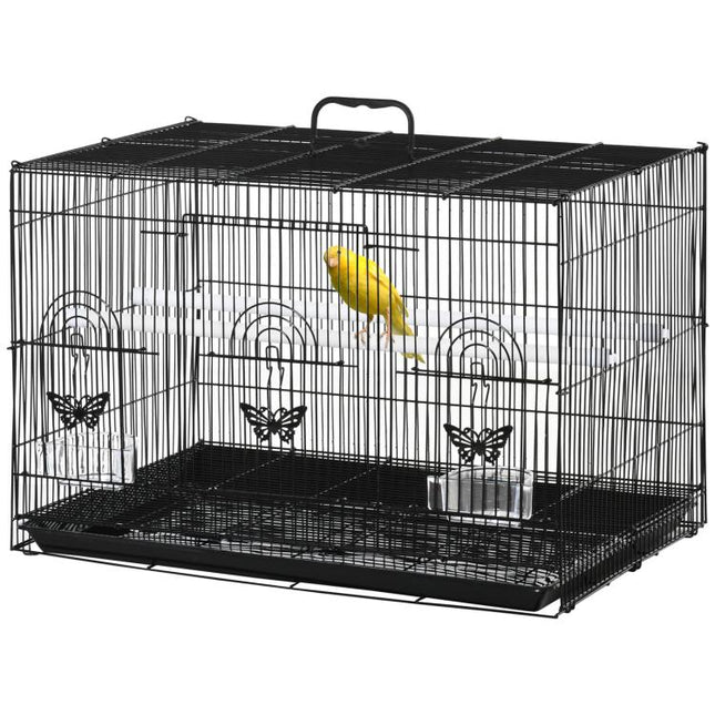 Bird Cage with 2 Perches and 3 Entrances – Metal Wire and Plastic, 60x41x41 cm, Black