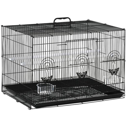 Bird Cage with 2 Perches and 3 Entrances – Metal Wire and Plastic, 60x41x41 cm, Black
