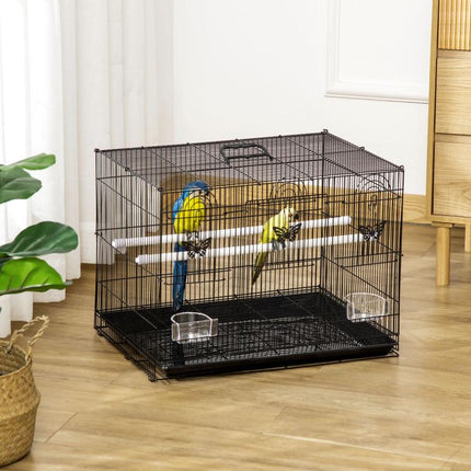 Bird Cage with 2 Perches and 3 Entrances – Metal Wire and Plastic, 60x41x41 cm, Black