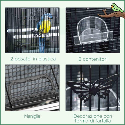 Bird Cage with 2 Perches and 3 Entrances – Metal Wire and Plastic, 60x41x41 cm, Black