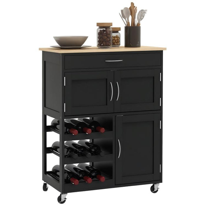 Wooden Kitchen Trolley with Wine Rack, 3 Doors and Drawer, 67x37x87 cm, Black and Oak