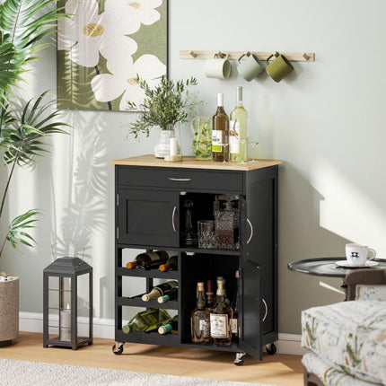 Wooden Kitchen Trolley with Wine Rack, 3 Doors and Drawer, 67x37x87 cm, Black and Oak